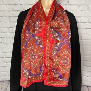 Elaine Gold Red Rectangle Silk Scarf 10'' x 52''